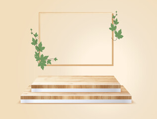 Vector wood podium on room background, presentation mock up, show cosmetic product display stage pedestal design