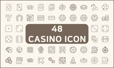 Set of 48 Casino and Gambling line style. Contains such icons as cherry, cards, chips, dice, slot machine, seven, coin, heart, money, horseshoe and other elements.