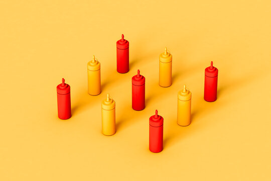 organized Sauce dispencer on yellow background 
