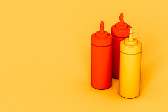 three Sauce dispencer on yellow background