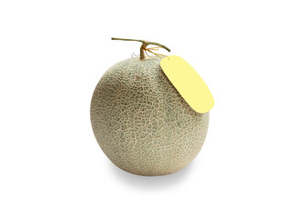 Melon or Cantaloupe with brand label tag on white background. Organic tropical fresh fruit.