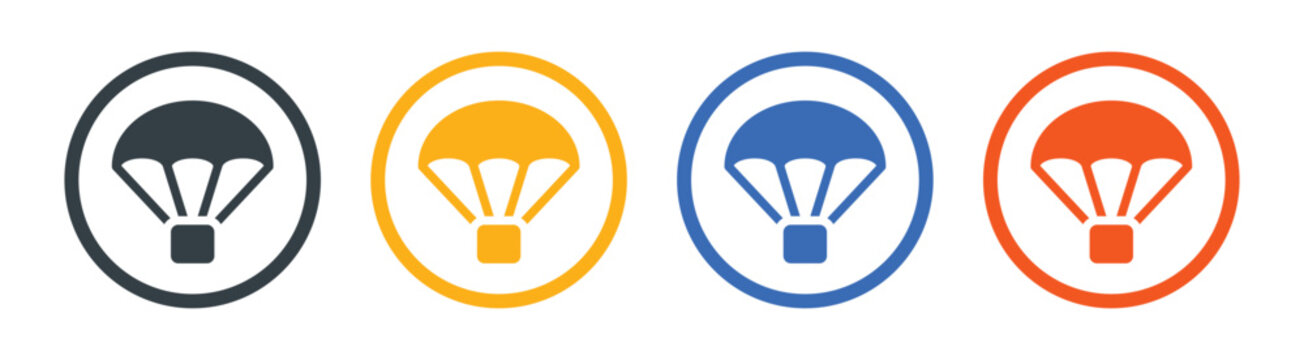 Parachute icon vector on circle design. Airdrop box symbol. Military air drop concept.