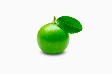 Fresh green lime raw lemon and leaves isolated on white background.Citrus Fruit