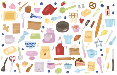 Cartoon baking tools and ingredients: Mixer, whisk, eggs, flour, baking powder, rolling pin etc.