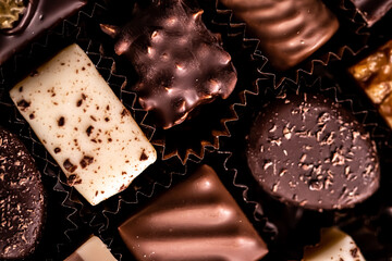 Swiss chocolates in gift box, various luxury pralines made of dark and milk organic chocolate in...
