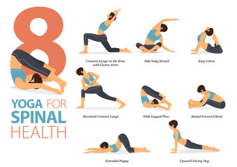 8 Yoga poses or asana posture for workout in yoga for spinal health concept. Women exercising for body stretching. Fitness infographic. Flat cartoon vector - obrazy, fototapety, plakaty