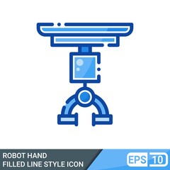 Industry Technology 4.0 icon, sign robot hand, factory automation. Manage online production. Filled line style icon. Eps 10