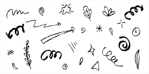 hand drawn set of curly swishes, swashes, swoops. Abstract arrows,  Arrow, heart, love, star, leaf, sun, light, crown, king, queen, on doodle style for concept design. vector illustration.