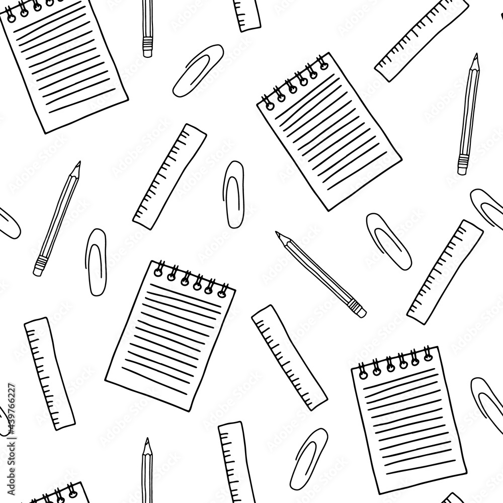 Wall mural Seamless pattern in hand drawn doodle sketch style vector illustration of pencil, ruler and paper writing notepad. Concept of office and school supplies for background, wrapping paper, fabric. Black