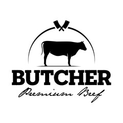 Meat Shop Logo, Cow with Butcher Knife, Butcher Logo Template Vector Butcher Knife, Meat Knife Vintage Label