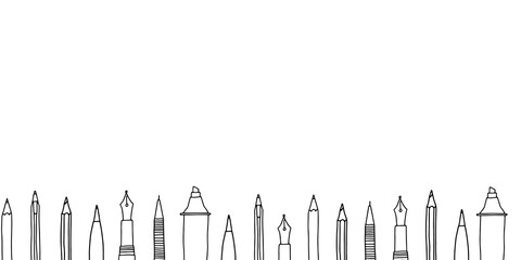 Hand drawn doodle sketch style vector illustration of various pens, pencils, markers and highlighters at the bottom of the screen in horizontal layout. For webpage background banner design. Isolated