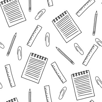 Seamless pattern in hand drawn doodle sketch style vector illustration of pencil, ruler and paper writing notepad. Concept of office and school supplies for background, wrapping paper, fabric. Black