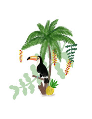 Hand drawing parrot and palm tree. Can be used for tattoo