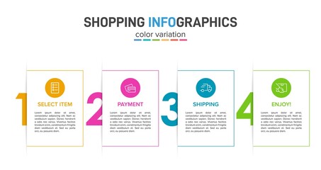 Concept of shopping process with 4 successive steps. Four colorful graphic elements. Timeline design for brochure, presentation, web site. Infographic design layout.