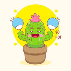 cartoon illustration of cute cactus character feeling so hot