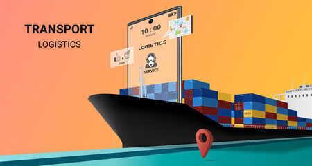 Online transportation by cargo ship on mobile service, online order tracking, global logistic, sea logistics. Ship, warehouse, cargo, container, courier. 3D Vector illustration © Nostagrams