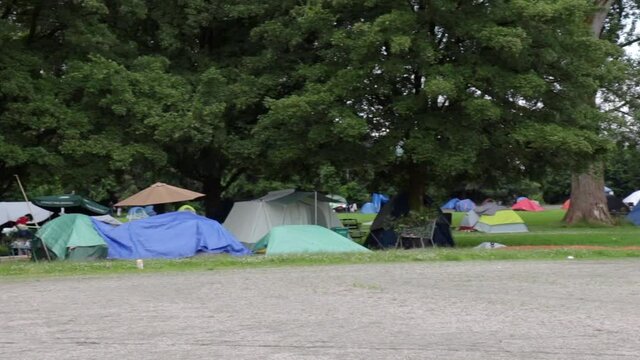 View of Strathcona Park in downtown Vancouver full of tents and homeless people