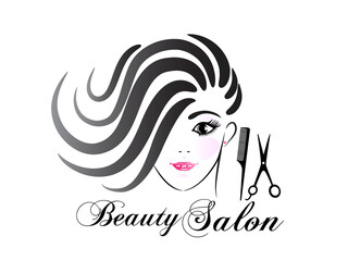 Logo face of pretty woman silhouette for cosmetic salon stylist with a comb and scissor business id card sketch icon vector image graphic illustration