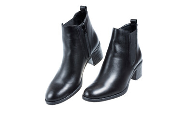 Ladies modern black leather boots, isolated on white background