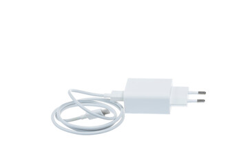 Power adaptor for charging mobile phones with USB cable type C, on white background