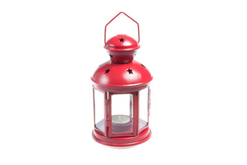 Red decorative lantern with candle, on white background