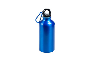 Blue metal thermo bottle with keychain, on white background