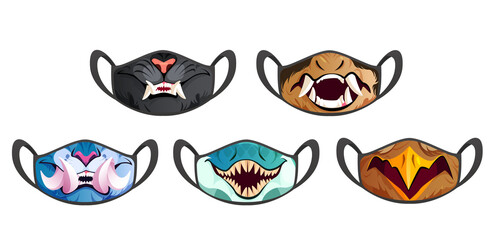 Face masks with scary animal fangs isolated on white background. Vector cartoon set of black cloth medical protective masks with print of panther, dog, shark mouth with teeth and bird beak