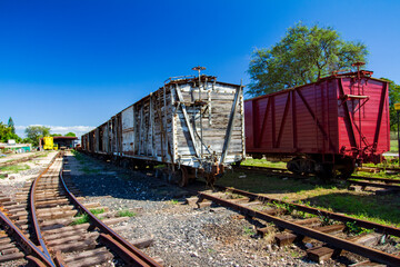 Historic boxcars freight cars at a railyard in Hawaii