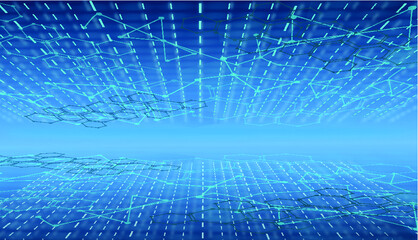 Abstract futuristic technology connected  with Dots On on dark blue background. Internet Connection. Art & Illustration. copy space.	