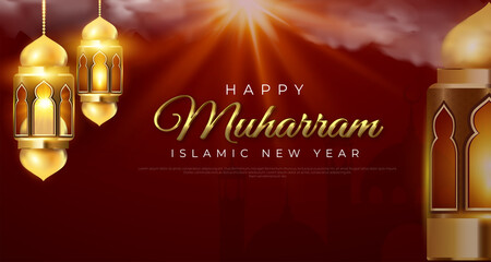 Elegant islamic new year creative card poster background. lamp golden on luxury concept. vector illustration for design.