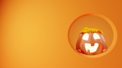 Fototapeta premium Halloween Funny Lantern Jack Pumpkin Peeking out From Behind the Wall. Rendering from 3D.