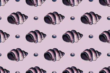 Hand drawn watercolor seamless pattern with seashells. Sea life. Beautiful print with shells