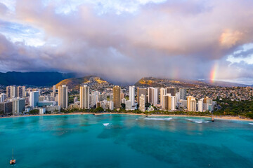 Waikiki skyline with a rainstorm and rainbows in the background