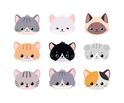 Set of cute cat faces isolated on white background