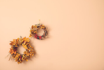 Beautiful autumn wreaths hanging on color wall