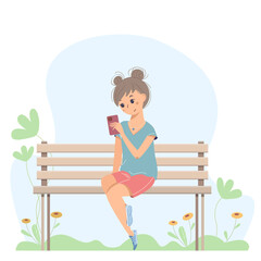 Nice teenage girl sitting on the wooden bench with a phone in her hand. Summer illustration with modern kid.