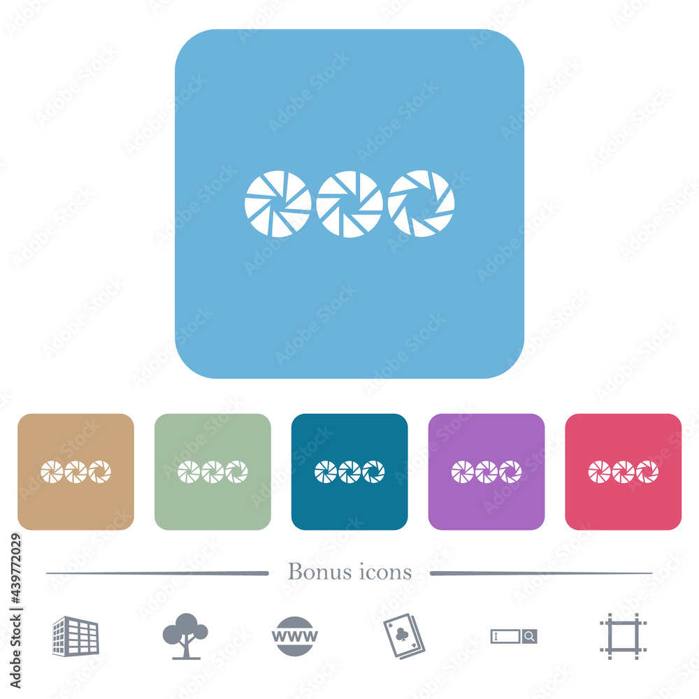 Poster set aperture size flat icons on color rounded square backgrounds