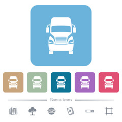 Truck front view flat icons on color rounded square backgrounds