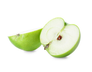 Halves of fresh green apple on white background