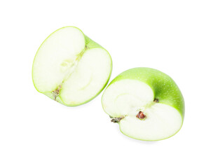 Halves of fresh green apple on white background