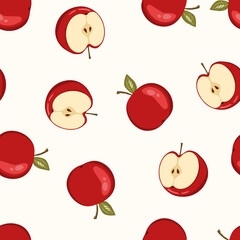 Seamless pattern with apple on white background. Natural delicious fresh ripe tasty fruit. Vector illustration for print, fabric, textile, other design. Stylized apples with leaves. Food concept