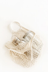 Eco friendly accessories - bamboo cutlery, eco bag, reusable water bottle. Zero waste, plastic free...