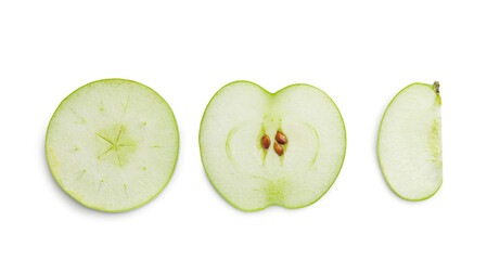 Slices of fresh green apple on white background