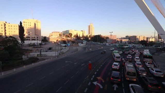 A view from above of the famous String Bridge, on the main road at the entrance to Jerusalem full of vehicles,