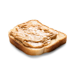 Piece of bread with tasty peanut butter on white background