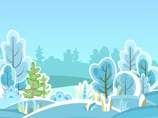 Fototapeta na wymiar Winter landscape. Beautiful frosty view with snow-covered trees. Fog. Illustration in a simple flat symbolic style. A funny scene. Comic cartoon design. Country wild plants, drifts. Vector