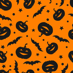 Seamless pattern with pumpkins bats stars. Halloween background. Illustration for textile, print, card, invitation, wallpaper, fabric