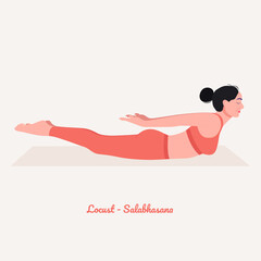  Locust - Salabhasana Yoga pose. Young woman practicing yoga  exercise. Woman workout fitness, aerobic and exercises. Vector Illustration.