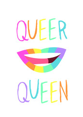 Emotional Lips with Rainbow Lipstick and text. Cartoon style illustration pride mouth and quote. Hand drawn vector facial expression and word