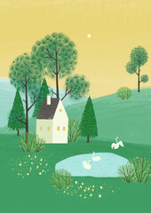 Illustration with alone house in the hills Minimalistic Scandinavian style.